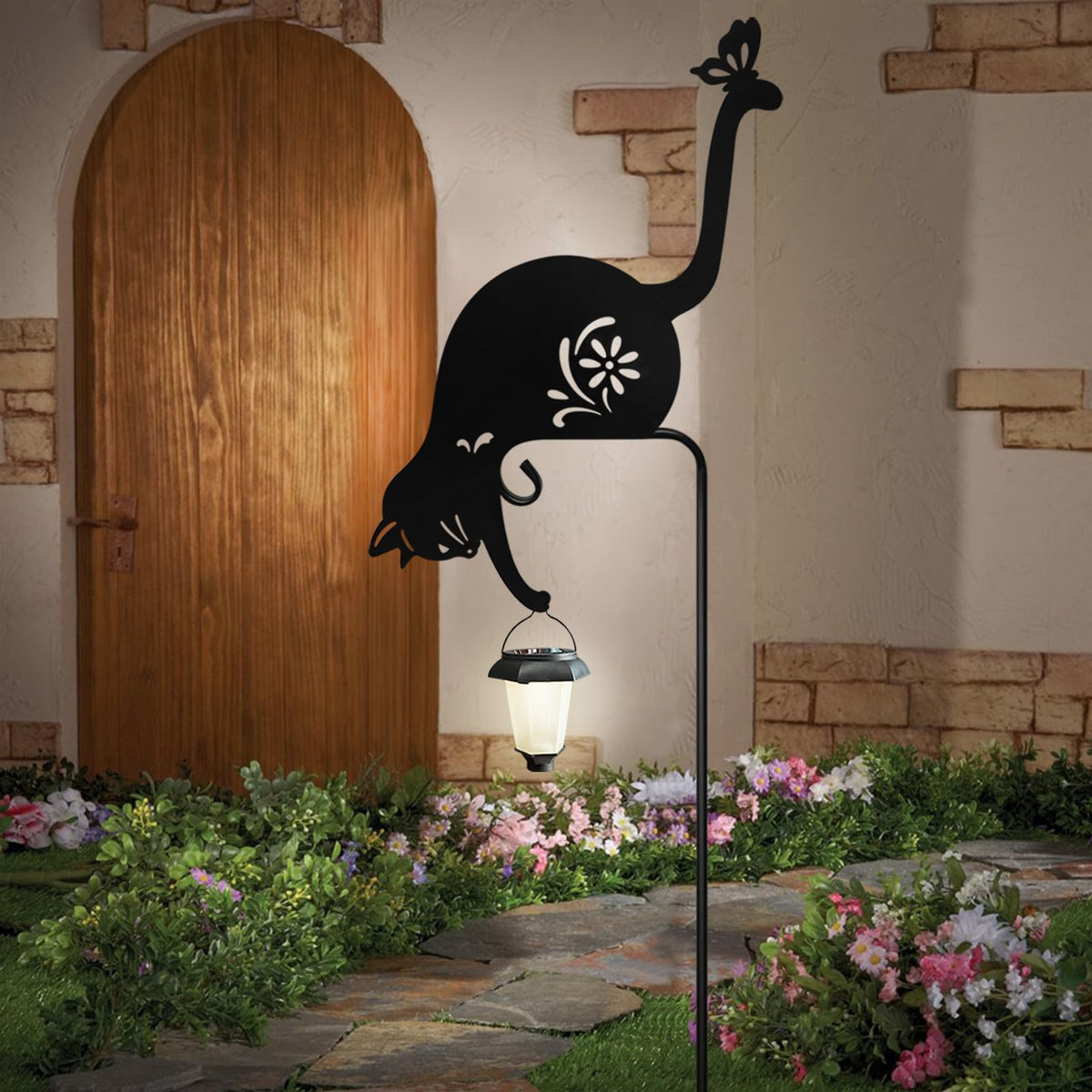 Hokfirm Cat Solar Lights Outdoor Garden, Black Cat Garden Statue,Black Cats Outdoor Decorations with Solar Lantern