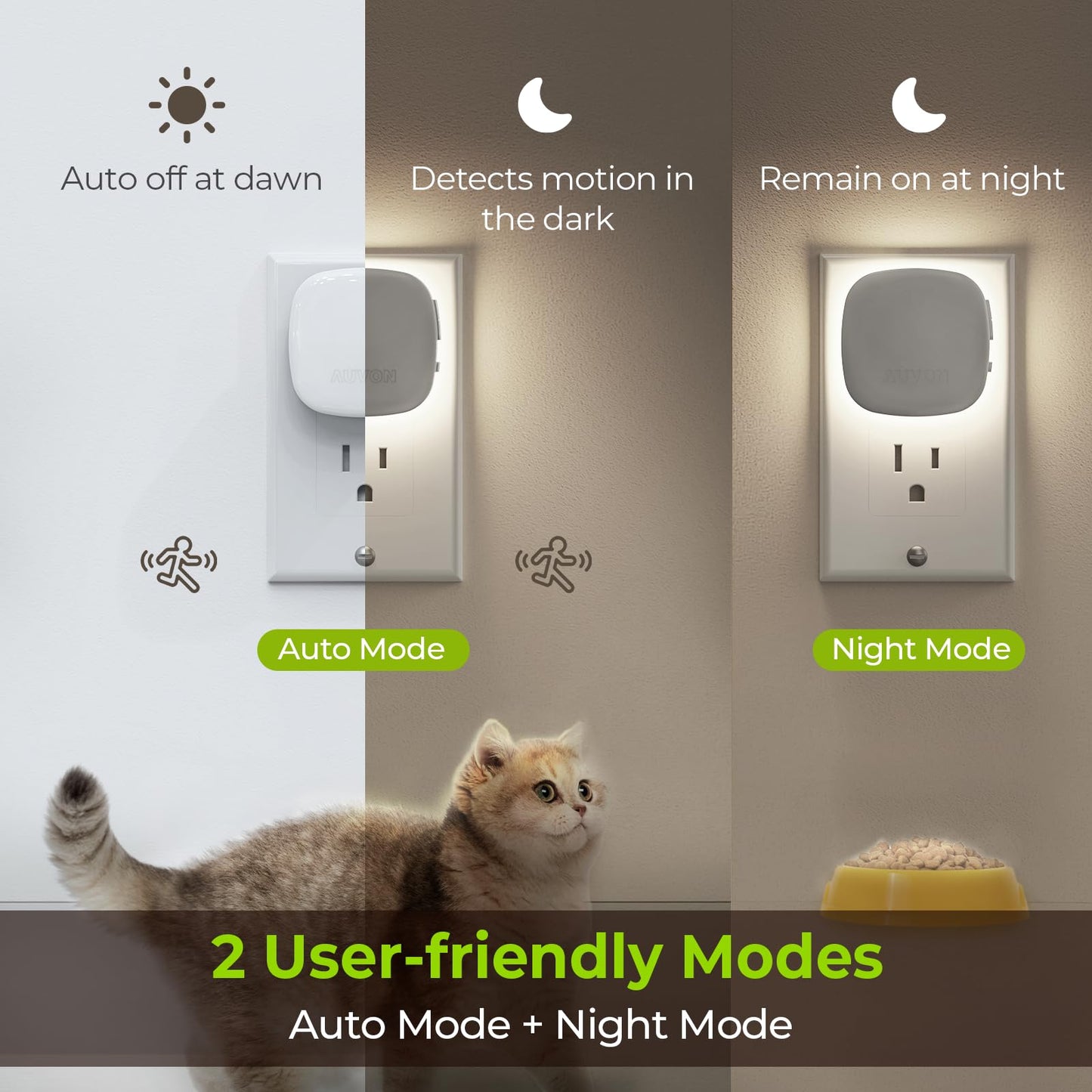 AUVON Plug-in LED Backlit Night Light with Motion Sensor & Dusk to Dawn Sensor, Dimmable Amber Nightlight with 1-50 lm Adjustable Brightness for Bedroom, Bathroom, Stairs, Hallway (4 Pack)