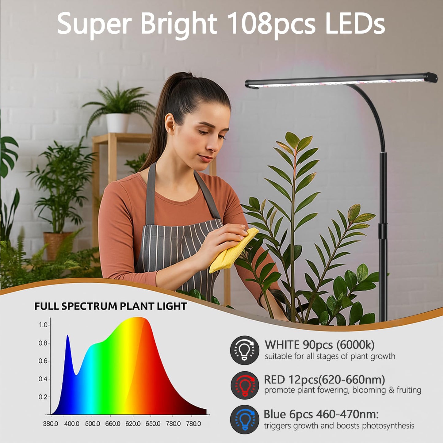 GYTF Super-Bright Plant Grow Light, 6000K 108LEDs Full Spectrum Plant Lamp with Timer 4/8/12Hrs & Height Extendable for Home Office Desktop Indoor Plants, 12V 3A High Power Output for Faster Growth
