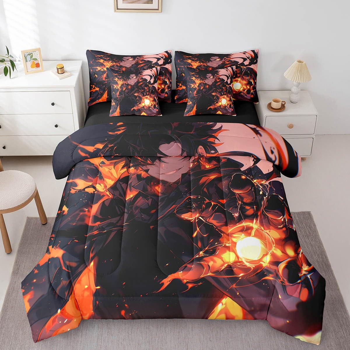 Erosebridal Japanese Anime Full Bedding Set,Anime Boy Comforter Set for Boys Kids Teens Gamer Gaming Room Decor,Video Game Style Bed Set 7 Piece with Fitted Sheet,Flat Sheet,Pillowcases
