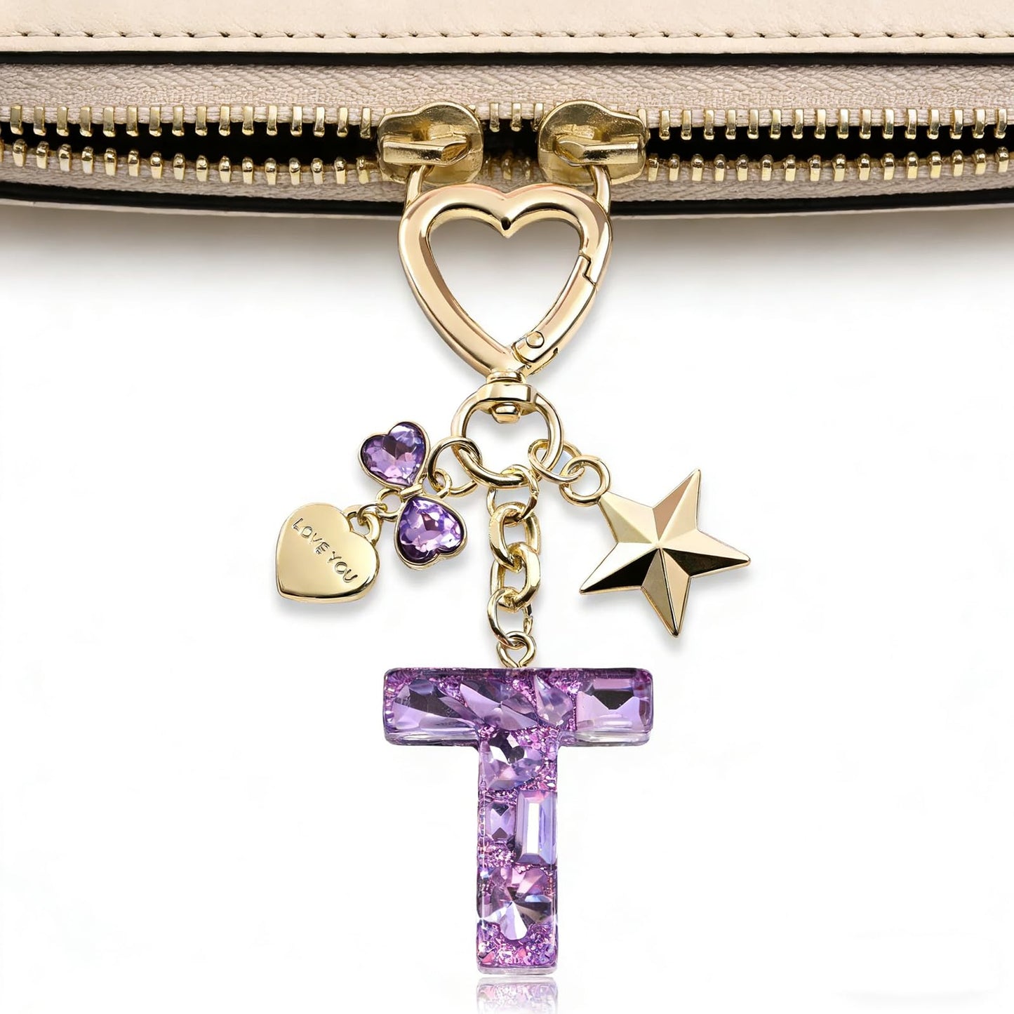 NIUYIBAO Crystal Letter Keychain with Heart Clasp, Gold Star and Heart Charms, Purple1.46 x 4.33 Inches (T)