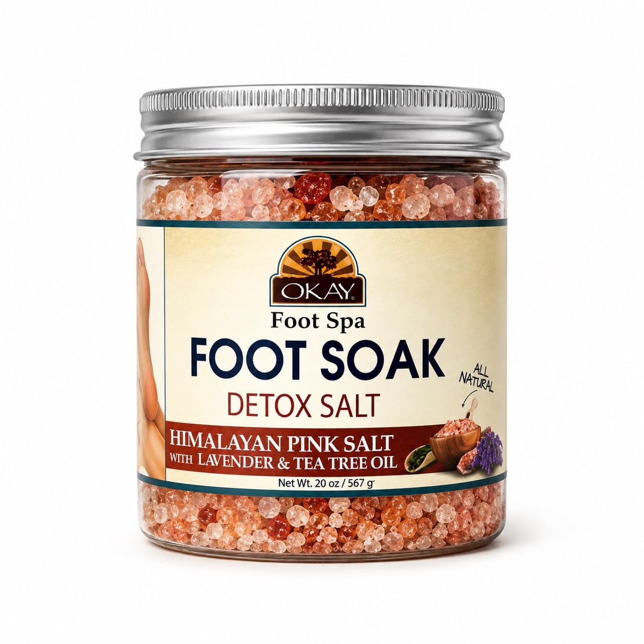 OKAY Foot Soak Detox Salt - Foot Soaking Salts for Dry Cracked Feet with Tea Tree Oil and Lavender Oil, Foot Bath, Pedicure Soak, Great for Men and Women, Athletes - 20 oz (Pack of 1)