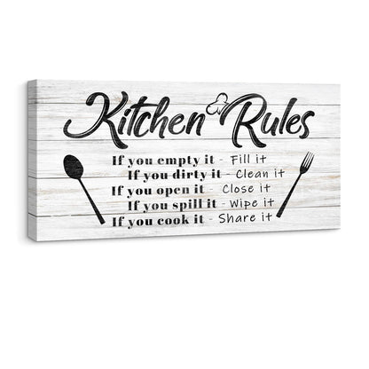 Pinetree Art Kitchen Rules Wall Decor Funny Inspirational Quote Canvas Print Art Modern Rustic Farmhouse Kitchen Decorative (8X16 Inch, W)
