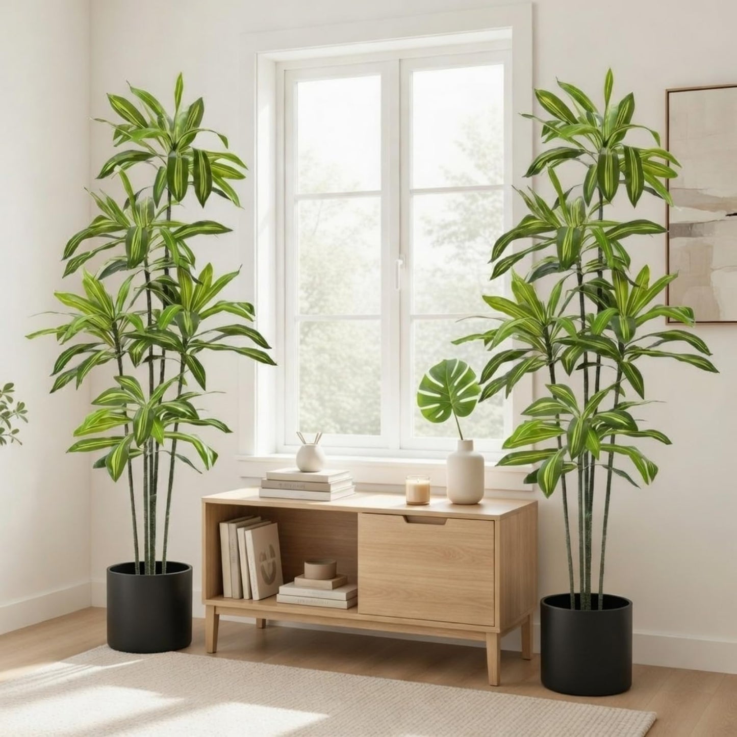 Giegxin 2 Pack 6 FT Artificial Dracaena Tree, Indoor Fake Tree with Black Stable Planter, Natural Wood Trunk & Lifelike Leaves Dracaena Plants for Home Living Room Porch Office Housewarming Gift