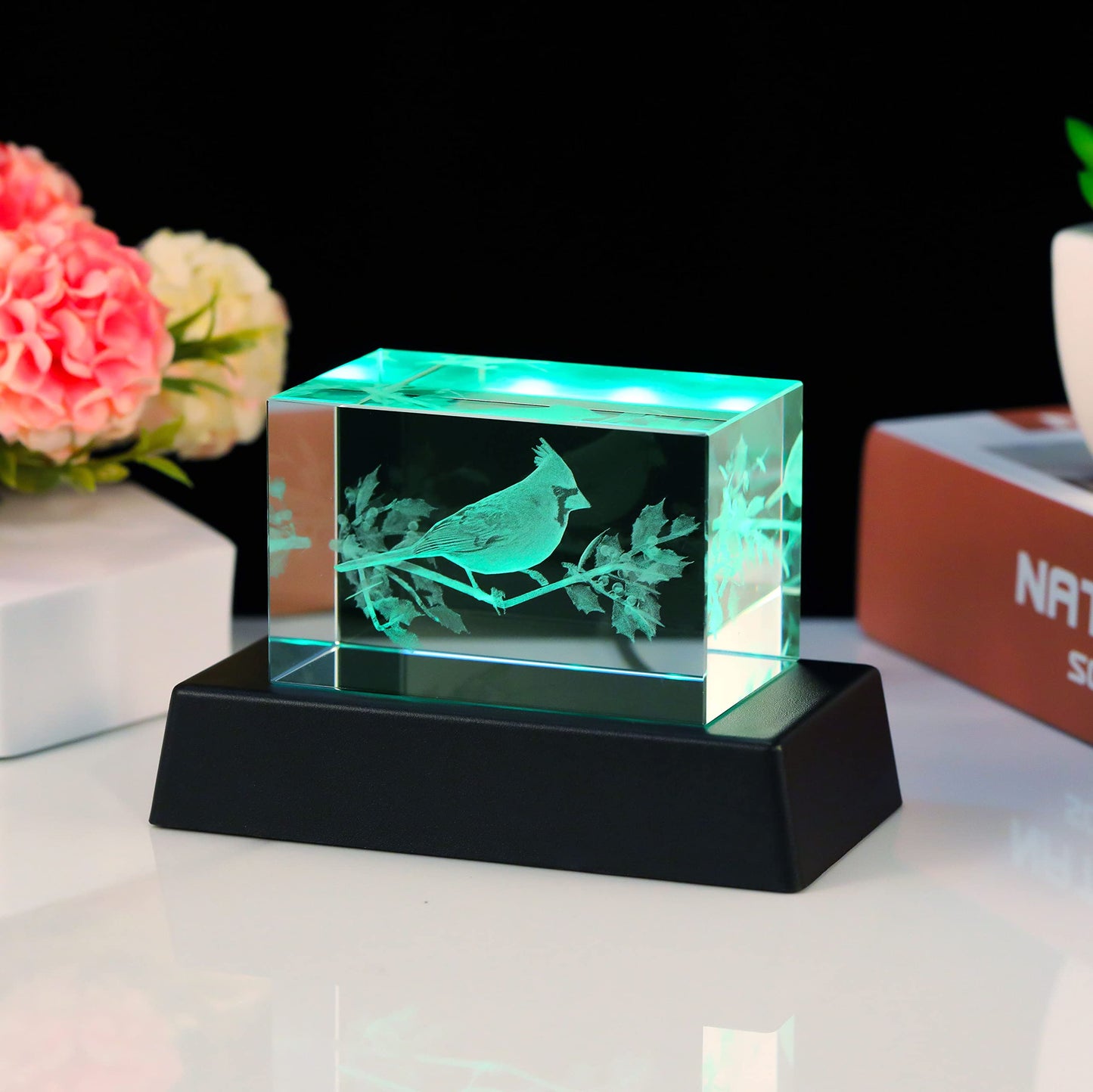 YWHL Crystal Cardinal Gifts for Women Man: 3D Laser Engraved Red Cardinal Figurine Decor, Night Light, Christmas Sympathy Gifts
