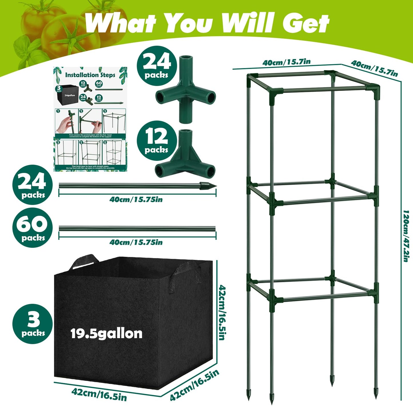 SUNXIZ 3 Pack Tomato Cages 47 Inch for Garden with 19.5 Gallon Square Grow Bags Planter Pots with Heavy Duty Trellis Plant Stakes Support Frames for Vertical Climbing Cucumber Vegetables Flowers