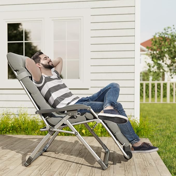 UDPATIO Oversized Zero Gravity Chair 29In XL Patio Reclining Chair with Cushion, Outdoor Folding Recliner with Pillows|Cup Holder|Foot Rest|Padded Headrest, Grey, Support 500LB