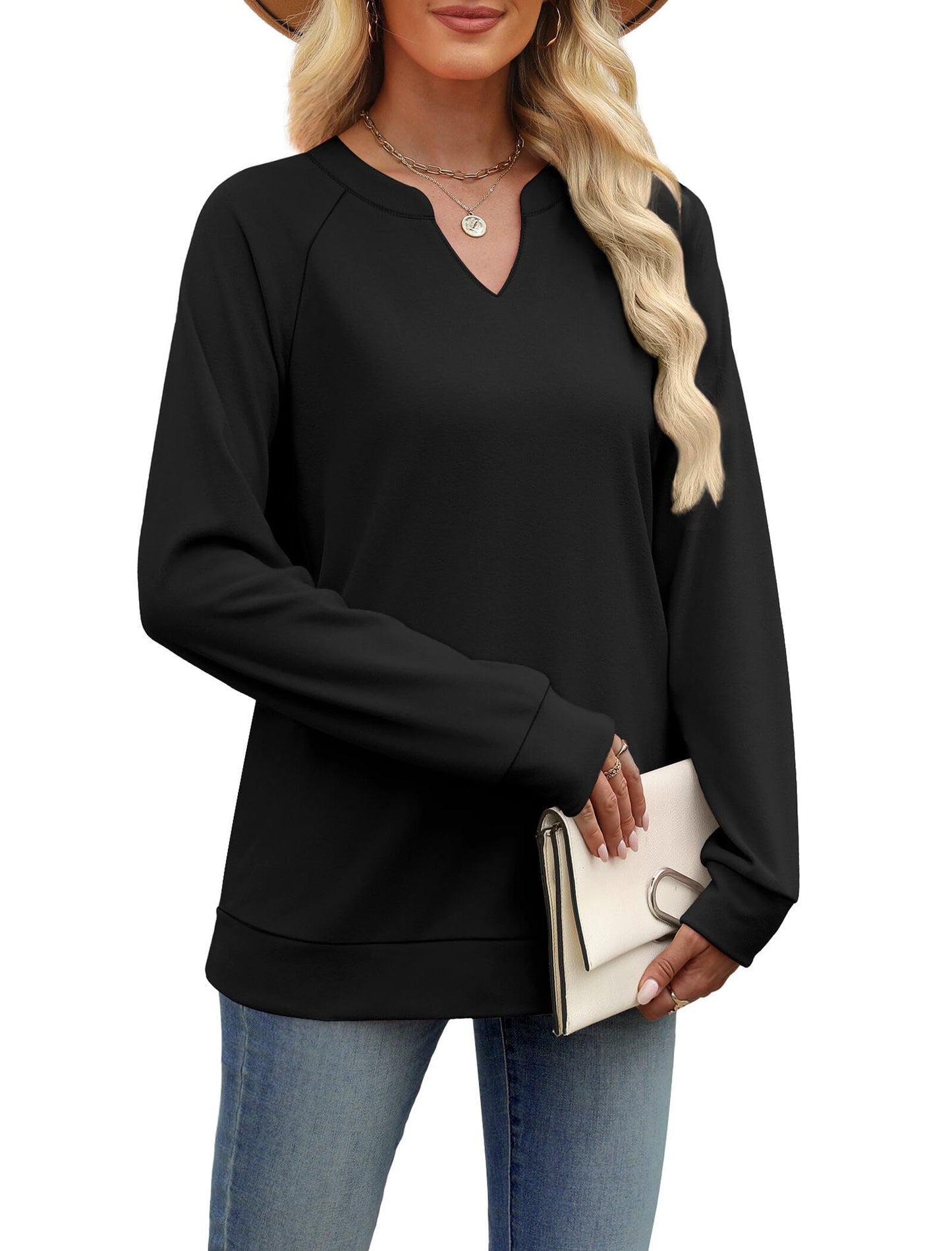 SAMPEEL Sweatshirts for Women V Neck Long Sleeve Shirts Lightweight Sweaters Fall Fashion Tops Outfits 2025