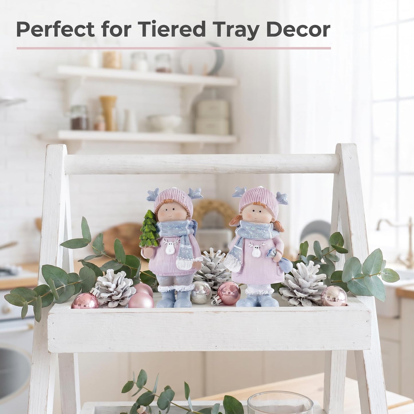Brizoria Christmas Home Decor Set of 2 Resin Mini Sculptures with Reindeer Hats, Cute Female Themed Winter Ornaments for Mantel, Tiered Tray & Indoor Tabletop Christmas Decor