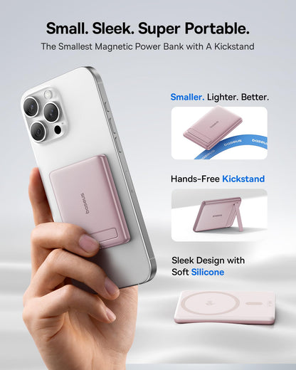 Baseus Picogo Power Bank, Smallest 5000mAh Magnetic Portable Charger with Stand, Qi2 Certified 15W Ultra-Mini MagSafe Battery Pack, Alloy Wireless Travel Fast Charger for iPhone 17/16 Series(Grey)