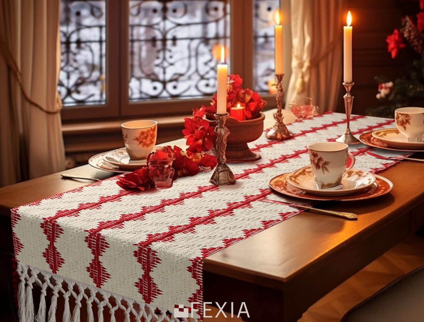 FEXIA Christmas Red Table Runner 13x72 Inches Long Christmas Runner for Table Boho Table Decor Rustic Farmhouse Xmas Decoration for Home Party Decor (Red Square)