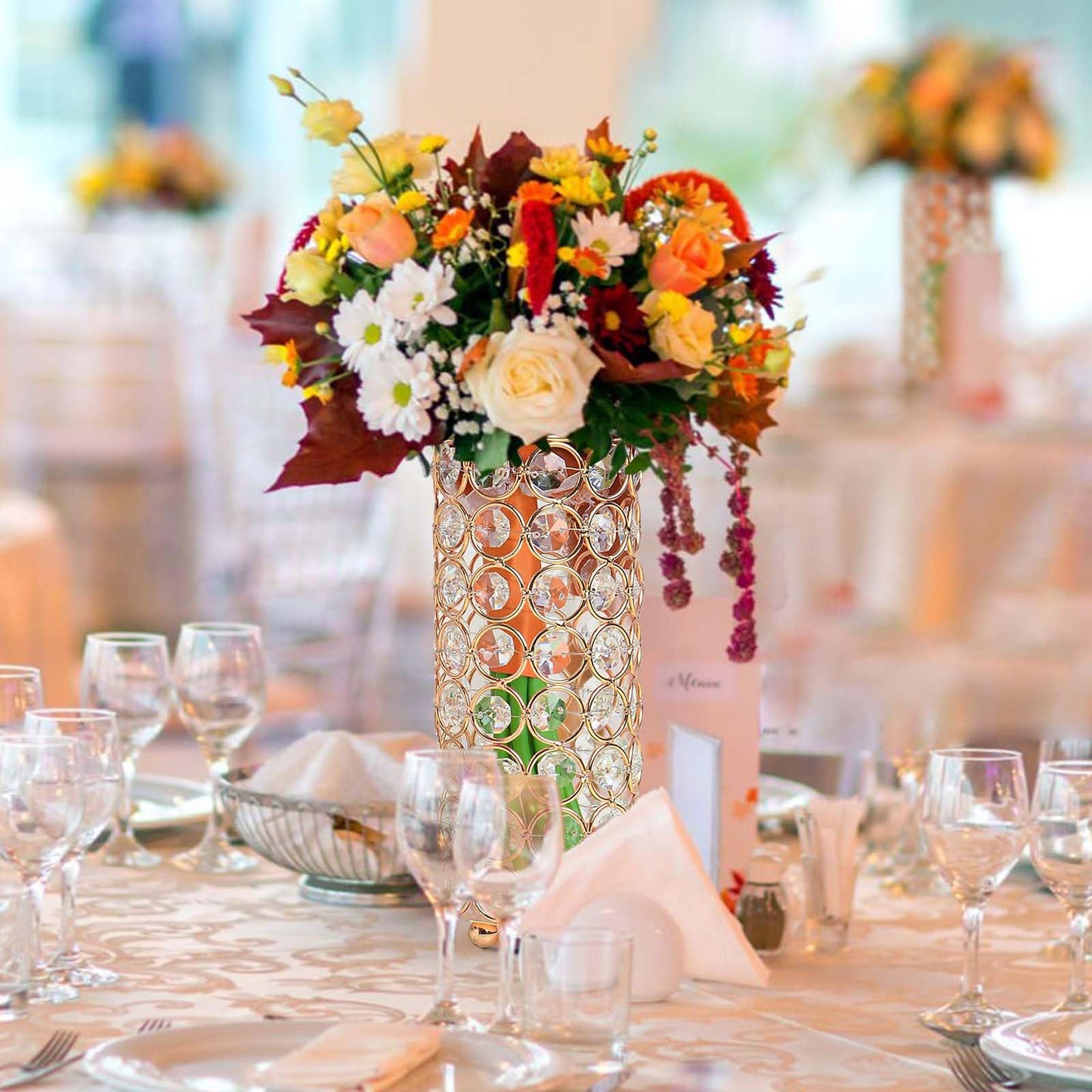 KEHAIL 8 Pcs Crystal Metal Vase Centerpiece, 7.9" Cylinder Flower Vase and Hollow-Out Candle Holder for Wedding, Party, Home Table Decor (8, Gold)