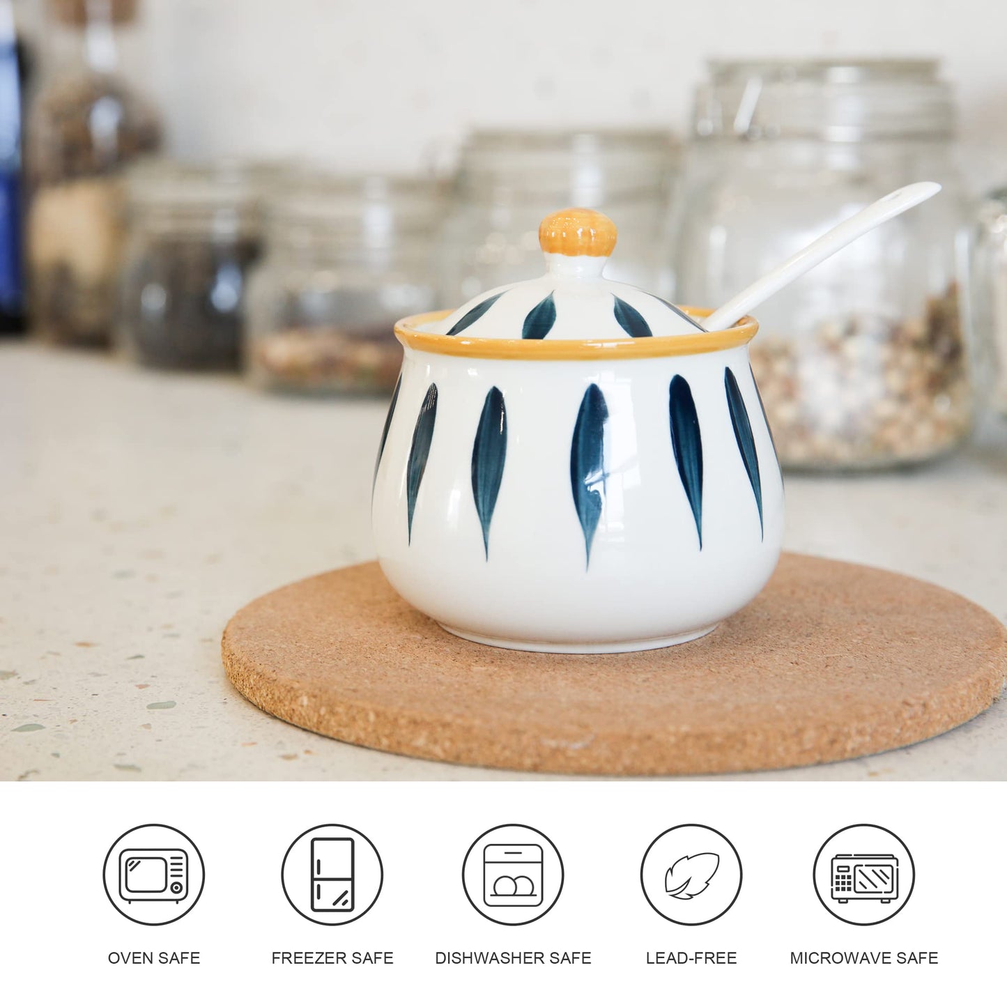 mehrido Porcelain Sugar Bowl with Lid and Spoon, 12 Ounce Ceramic Sugar Jars for Kitchen and Home, Farmhouse Sugar Container for Coffee Bar, Sugar Container Dishwasher Safe