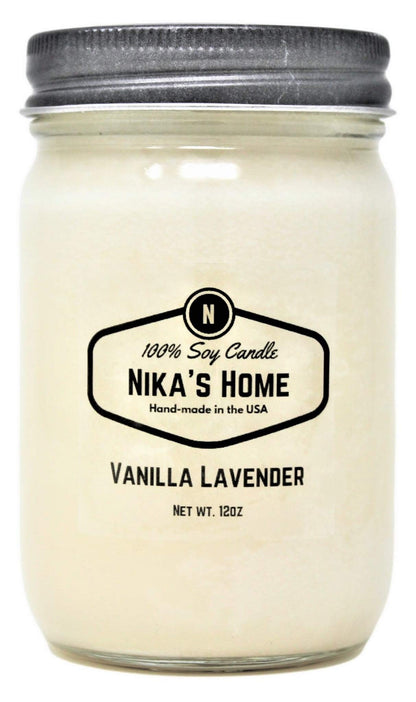 Nika's Home Vanilla Lavender Soy Candle - 12oz Mason Jar - Non-Toxic - Hand Poured in The USA, Long Burning 50-60 Hours Highly Scented All Natural, Clean Burning