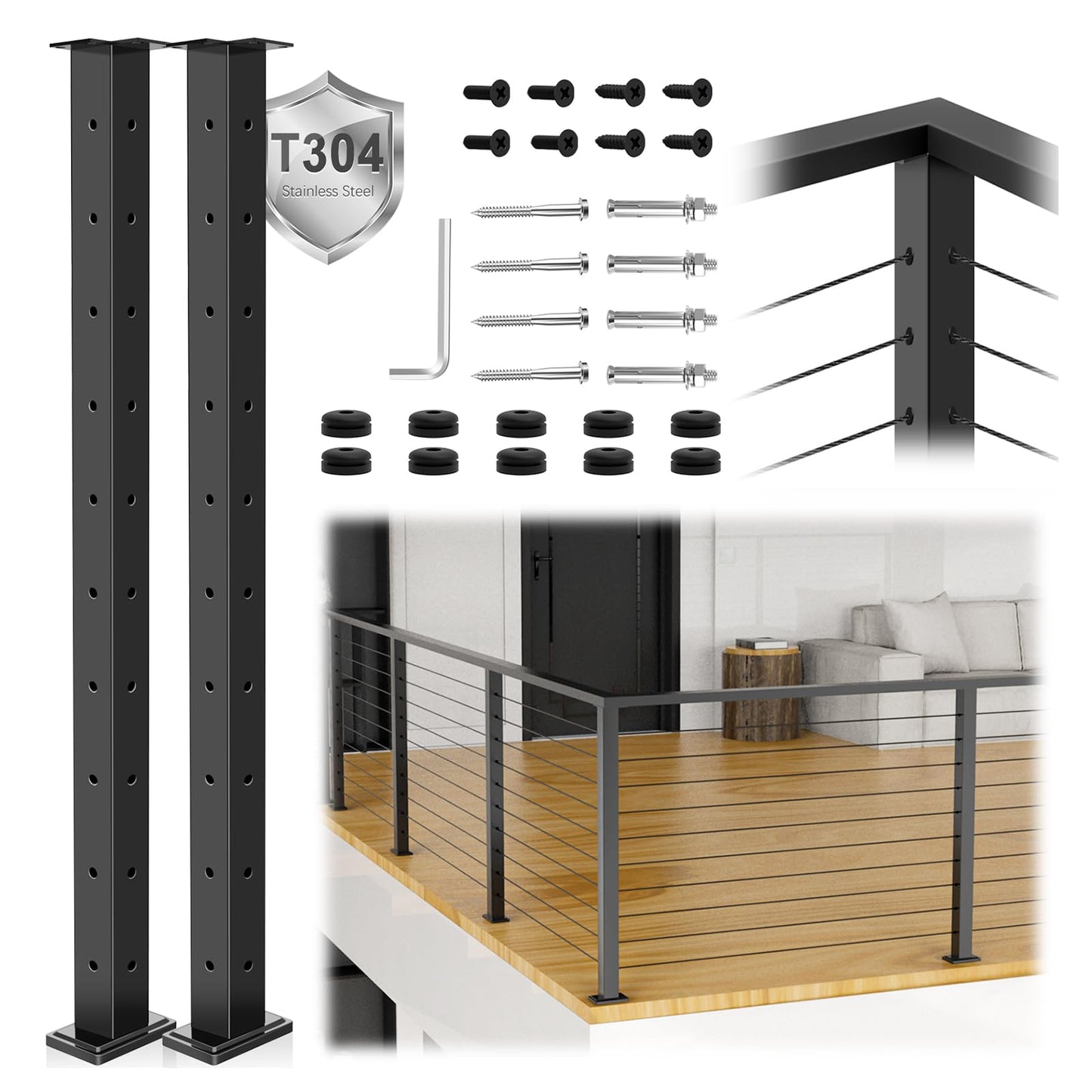 Zylorix 2Pack 36" T304 L-drilled Cable Railing Corner Posts(35"x2"x2") with Cable Grommets, Modular 90° Drilled Fixed Top Mount Heavy Duty Stainless Steel Black Finish for Wooden Concrete Deck Patio