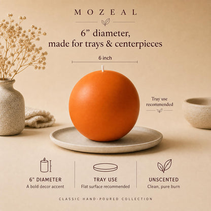 MOZEAL Hand-Poured, 6 Inch Orange Large Round Ball Candles - Elegant Orange Round Pillar Candles, Dripless, Unscented, Smokeless, Ideal for Halloween Decor.