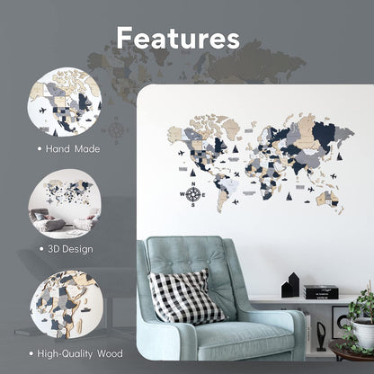 Wooden World Map 3D Art Large Wall Decor - Size (M, L, XL) Any Occasion Gift Idea - Wall Art For Home, Kitchen or Office (SIZE L, ALASKA)