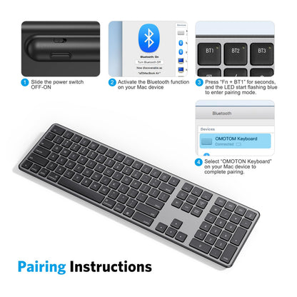 OMOTON Bluetooth Keyboard Compatible with Mac, with Numeric Keypad, Rechargeable Wireless Keyboard Compatible with MacBook Pro/Air, iMac, Mac mini/Pro Laptop and PC (Silver)