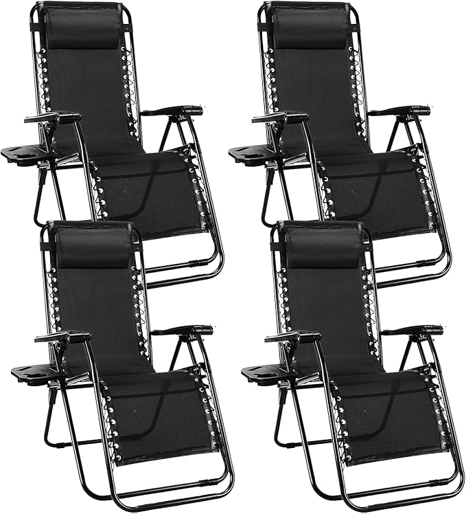 Sweetcrispy Zero Gravity Chairs, Set of 4 Portable Recliner Beach Camping Patio Outdoor Folding Lounge Chair with Cup Holder Trays and Adjustable Pillow for Poolside, Garden, Backyard, Lawn (Black)