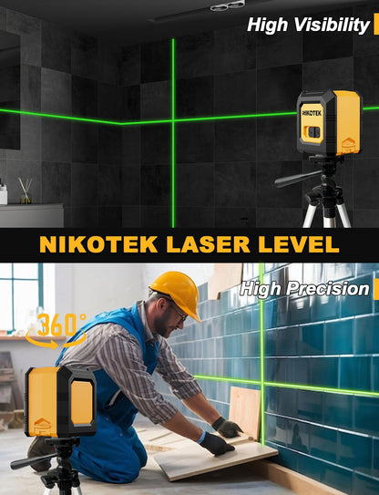 Nikotek Green Laser Level with Tripod, Self-Leveling Bright Green Beam Horizontal and Vertical Cross Line Laser for Home Decoration DIY etc.Carrying Pouch Battery&Tripod Included