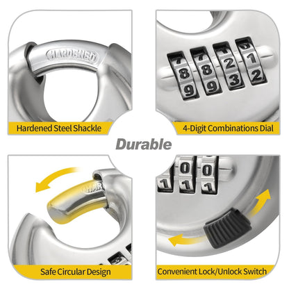 HOX Combination Lock, 4 Digit Disc Padlock with 3/8 Inch Hardened Steel Shackle, 2-3/4 Inch Wide Body, Keyless Heavy Duty Combo Lock for Hasp Latch, Sheds, Fences, Storage Locker (4 Pack)
