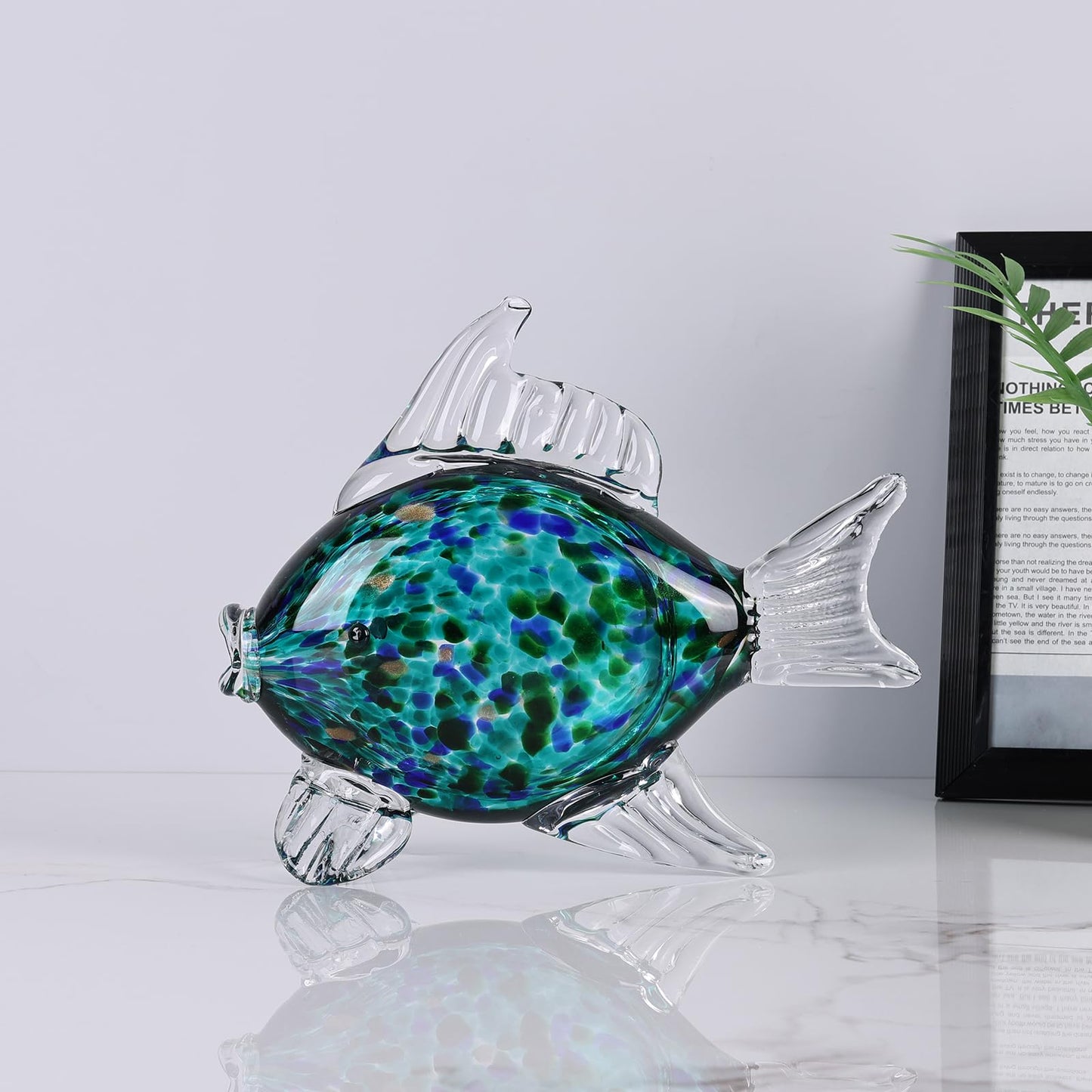 LINYTHER Large Glass Fish Figurine for Home Decor, Hand Blown Art Glass Ocean Animal Statue, Decorative Coastal and Beach Themed Sculpture for Table, Shelf, Bathroom, Living Room or Office