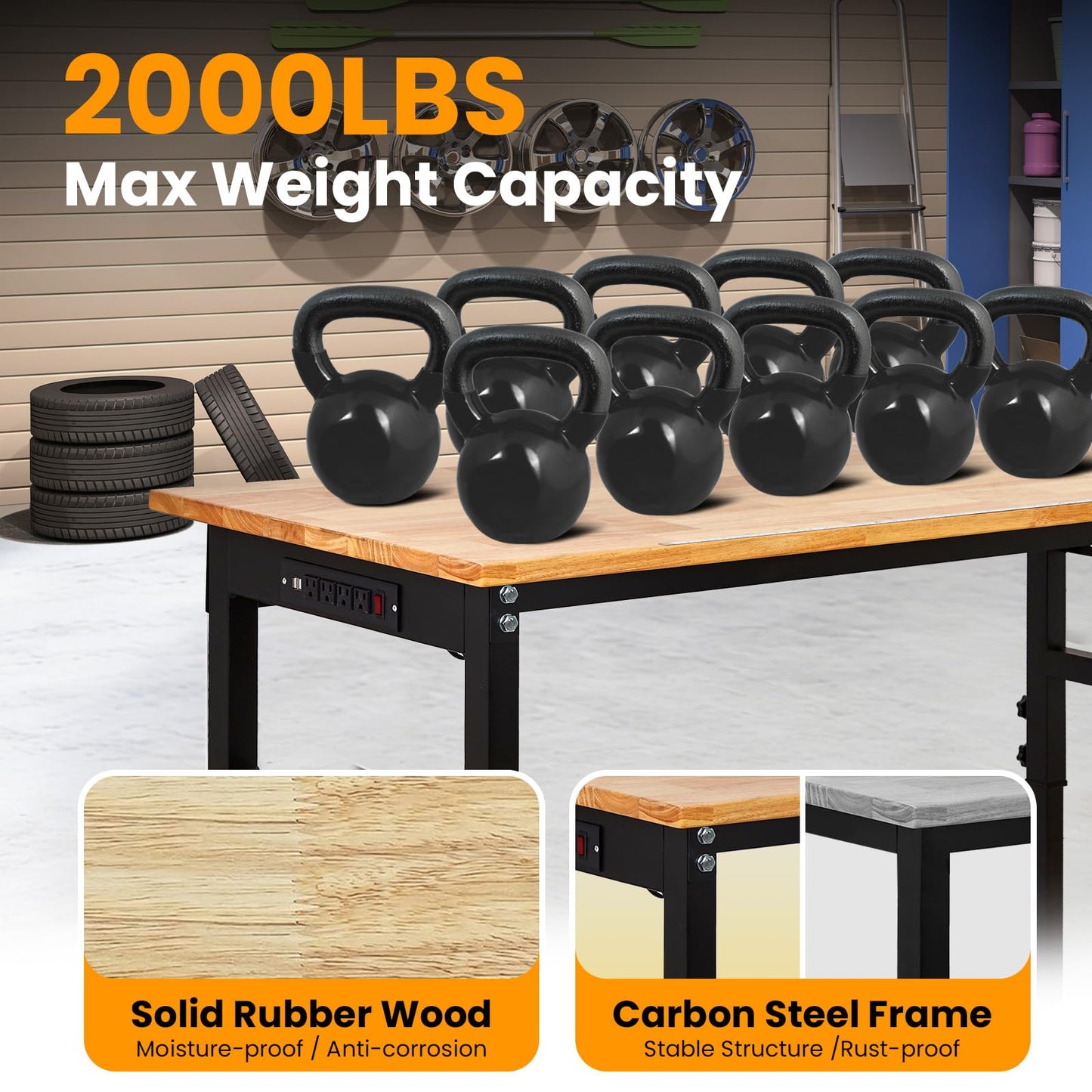 60" x 24" Heavy Duty Workbench with ETL Power Outlet, 8-Level Height Adjustment (29.5"-39.4"), Rubberwood Top with 2000 Lbs Capacity, for Garage/Workshop/Home Office, Metal Casters & Pegboard