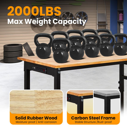 60" x 24" Heavy Duty Workbench with ETL Power Outlet, 8-Level Height Adjustment (29.5"-39.4"), Rubberwood Top with 2000 Lbs Capacity, for Garage/Workshop/Home Office, Metal Casters & Pegboard