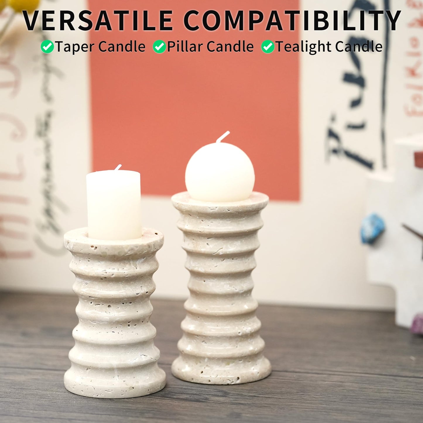 LWALMS Travertine Marble Candlestick Holders - Set of 2 Stone Candle Sticks Holder Decor, Decorative Modern Candle Stands Multi-Purpose for Taper/Pillar/Tealight/Scented Candles