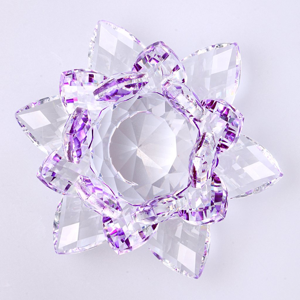 OwnMy Sparkle Crystal Lotus Flower Hue Reflection Feng Shui Home Decor with Gift Box (4 Inch/ 100MM Purple)