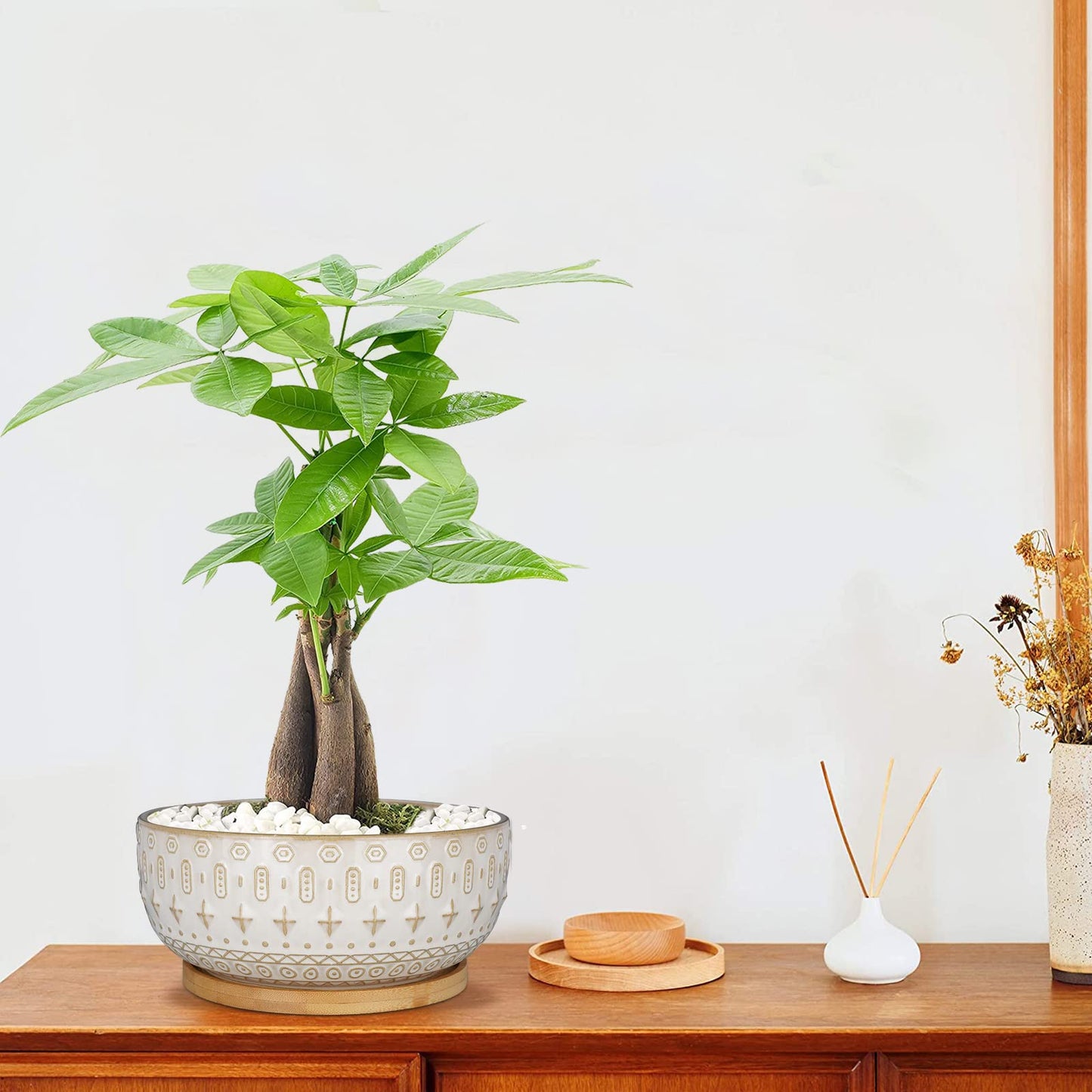 Fivepot 8 Inch Ceramic Succulent Planter Pots with Drainage Hole Flower Pot for Indoor Plants Round Shallow Bonsai Pot with Bamboo Tray White