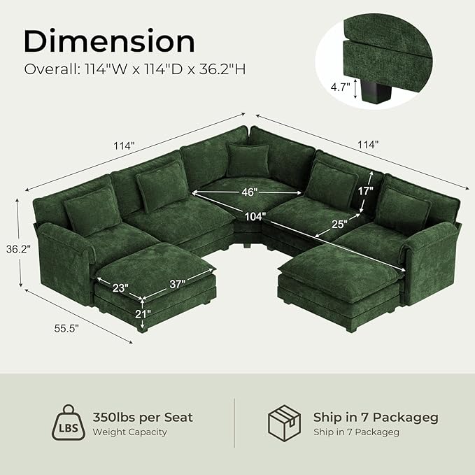 ELUCHANG 114" Oversized V-Shaped Cloud Couch Modular Sectional Sofa