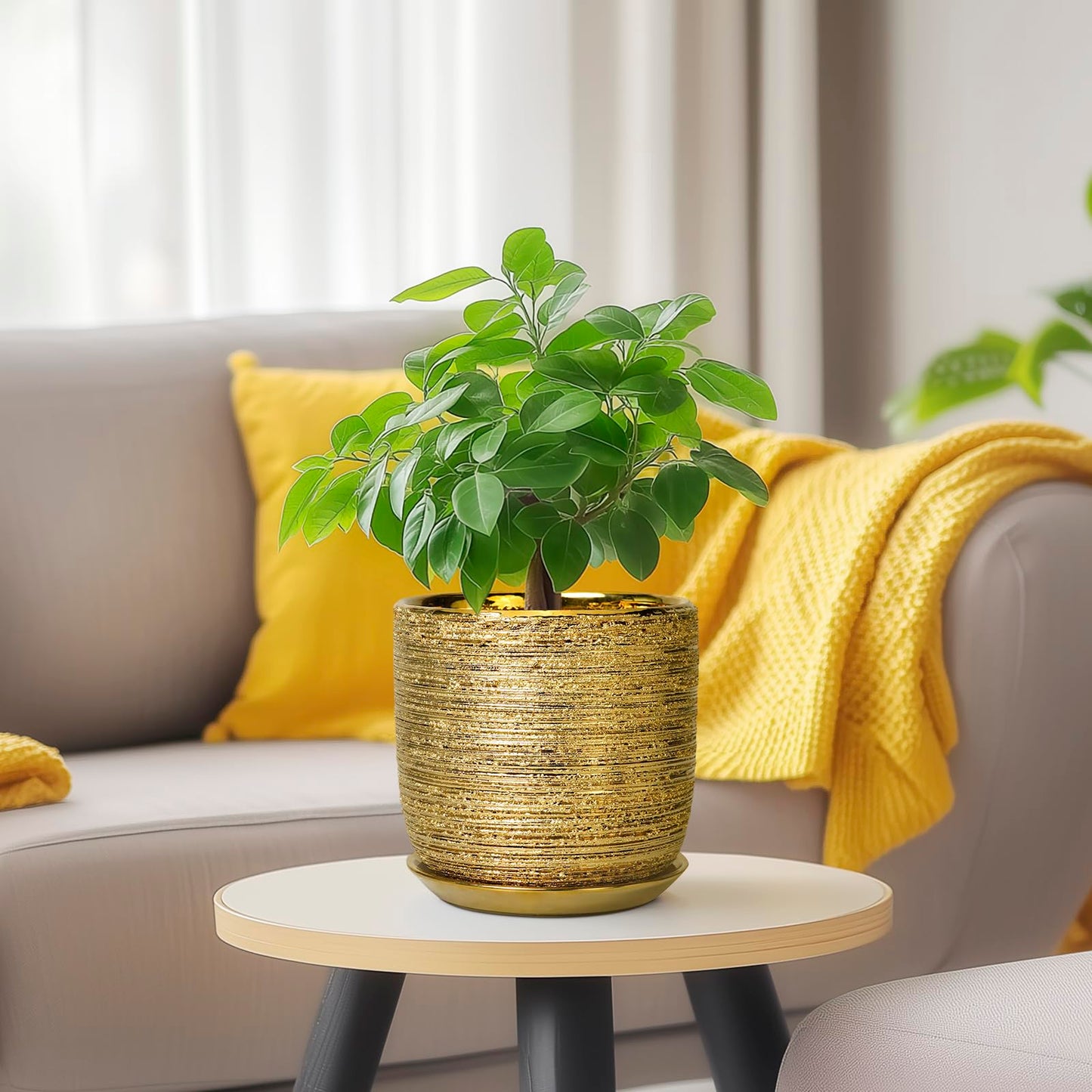 SUNPOTFOR Succulent Pot 5 Inch - Ceramic Plant Pot for Indoor Flowers, Decorative Round Indoor Planter with Drainage Hole and Saucer, Plant Lover Gifts, Patio Office Home Room Decor, Gold