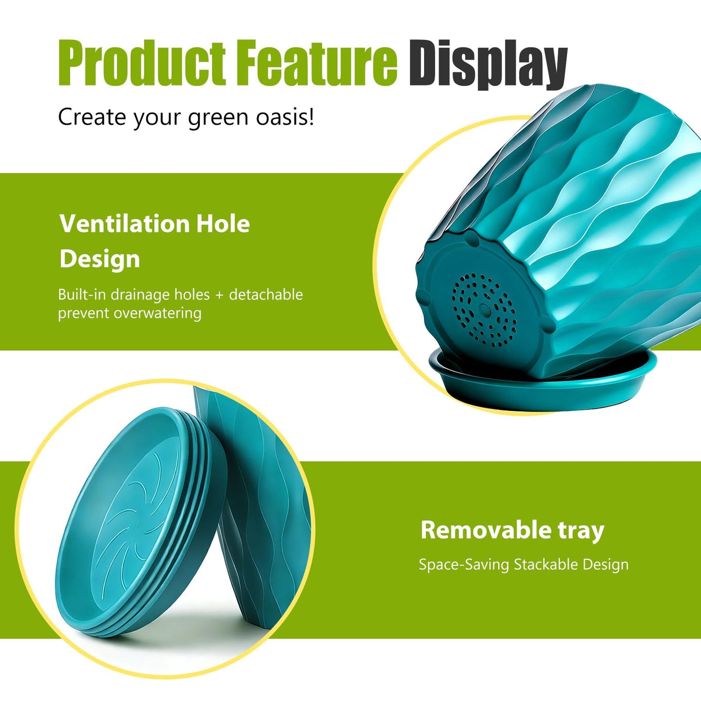 SQKH 8 Inch Plastic Plant Pots,Set of 5 Flower Pots,Planters with Drainage Holes & Saucers, Indoor Outdoor Garden Pots for Home Decor(Blue-Green)