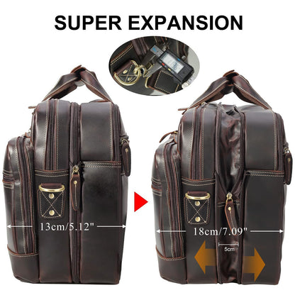 Masa Kawa Leather Briefcase for Men Expandable Large Vintage 17 Inch Laptop Messenger Bag Crossbody Shoulder Business Travel Duffel Bags Attache Case