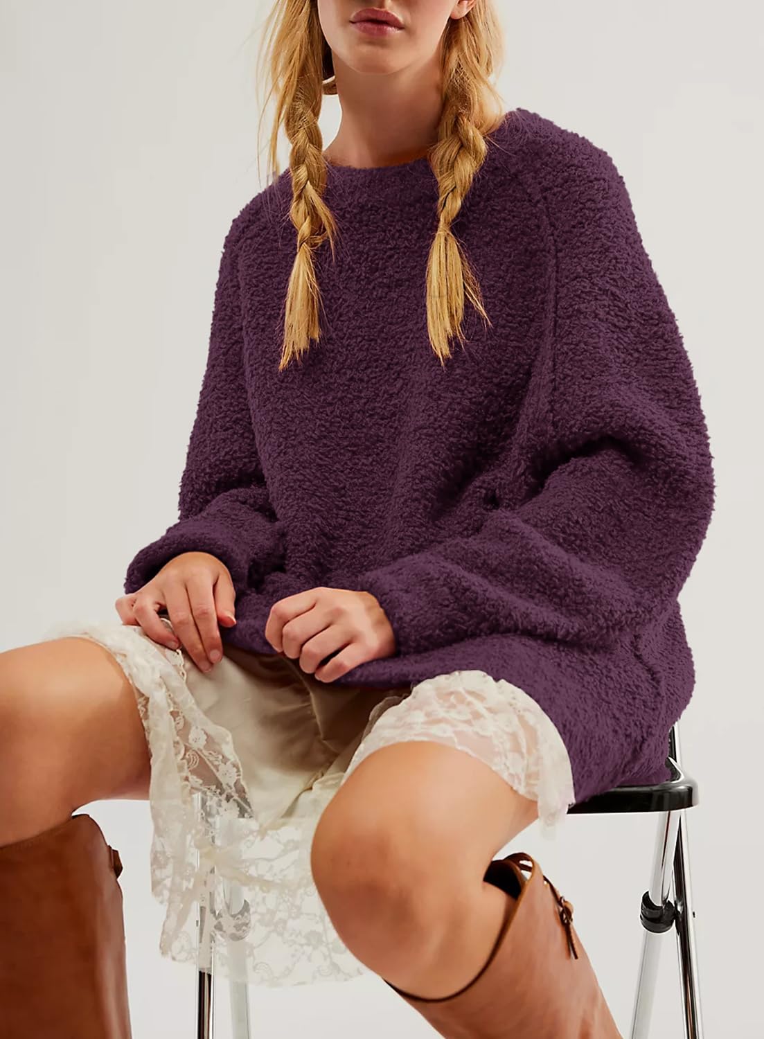 Beaully Women's Oversized Long Sleeve Crewneck Fuzzy Knit Warm Sweaters 2025 Fall Pullover Sweater Tops