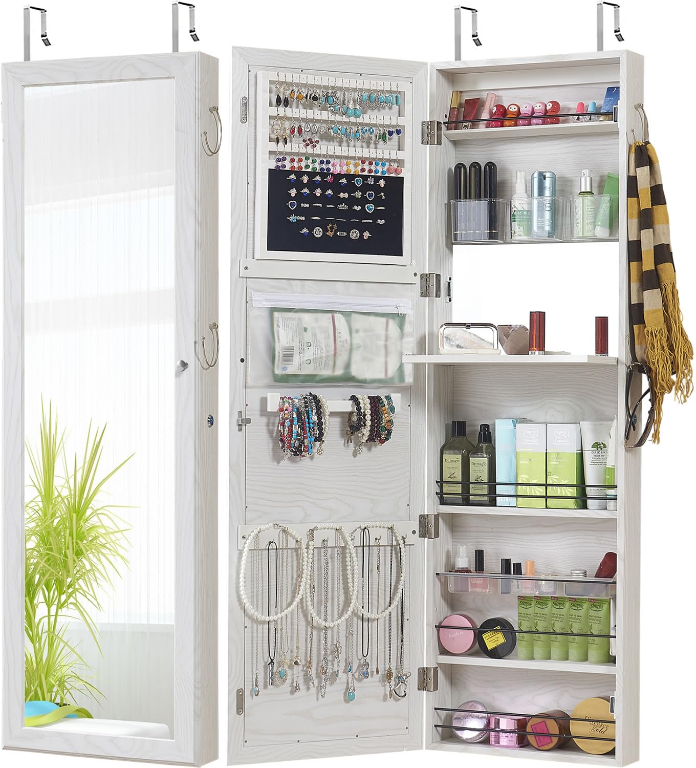 GISSAR Jewelry Mirror Armoire Wall Mount Over The Door Mirror Jewelry Cabinet Storage Mirror Organizer Lockable Full Length Door Mirror(White Oak)