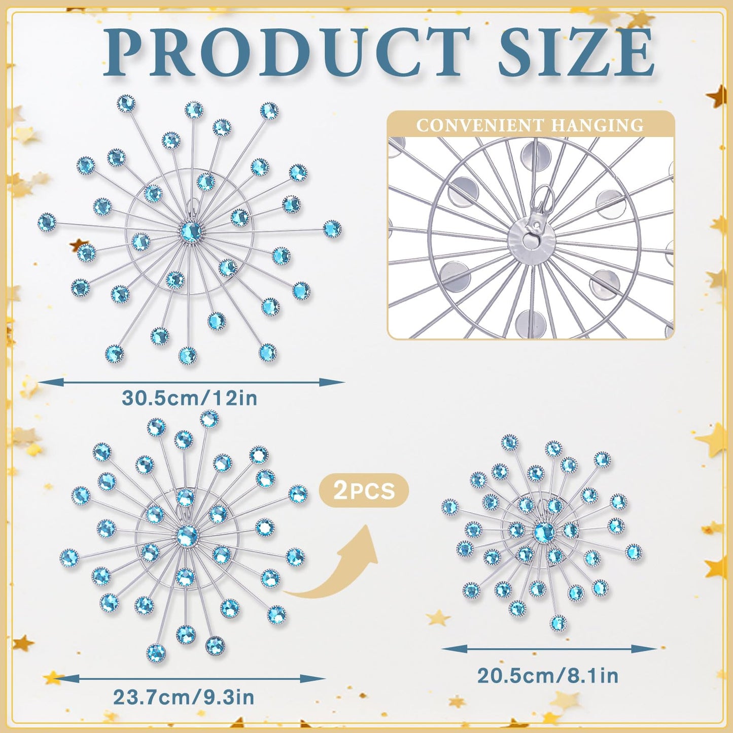 Primst Starburst Star Wall Decor, 4 Pcs Bling Crystal Wall Decor, Metal Wall Art, Iron Rhinestones Sunburst Home Decorative for Living Room Bedroom Entryway Office