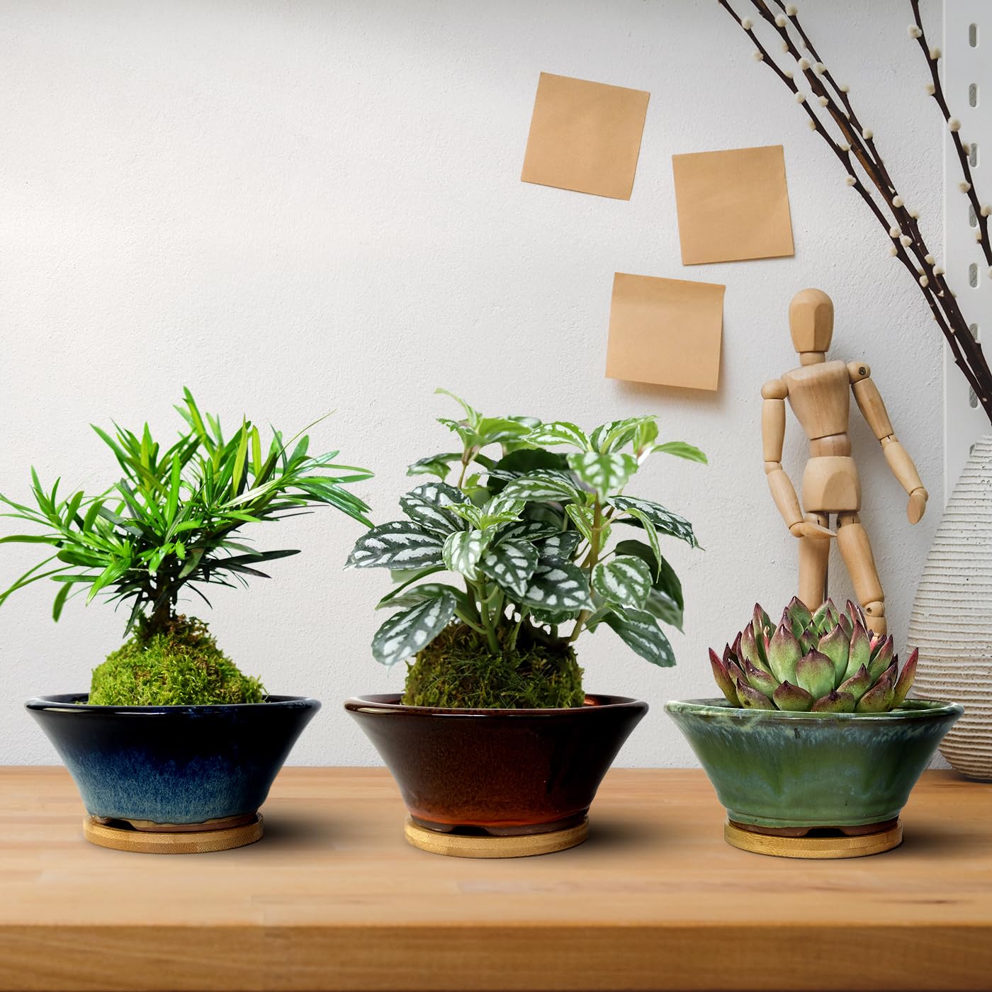 Summer Impressions 6 Inch Glazed Terracotta Succulent Pot Planter Small Plant Pot with Drainage Hole and Bamboo Saucer Cactus Ceramic Pot Set of 3 (Blue Green Orange)