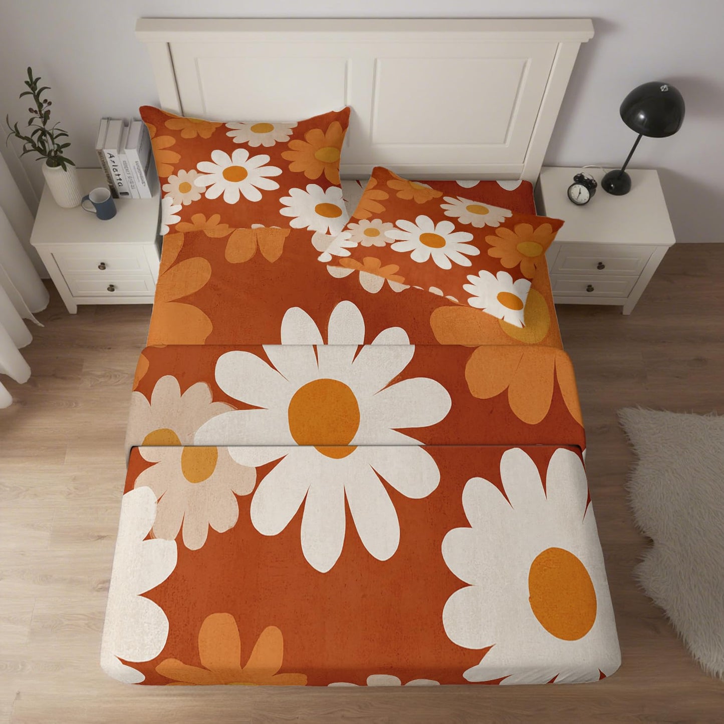 NOGAWA Retro Flower Sheets King Size, Boho Floral Bed Sheets, 70s Bedding Sheets, Pillowcases 4 Piece Set, Microfiber Deep Pocket Fitted Sheet, Flat Sheet, 2 Pillow Cases