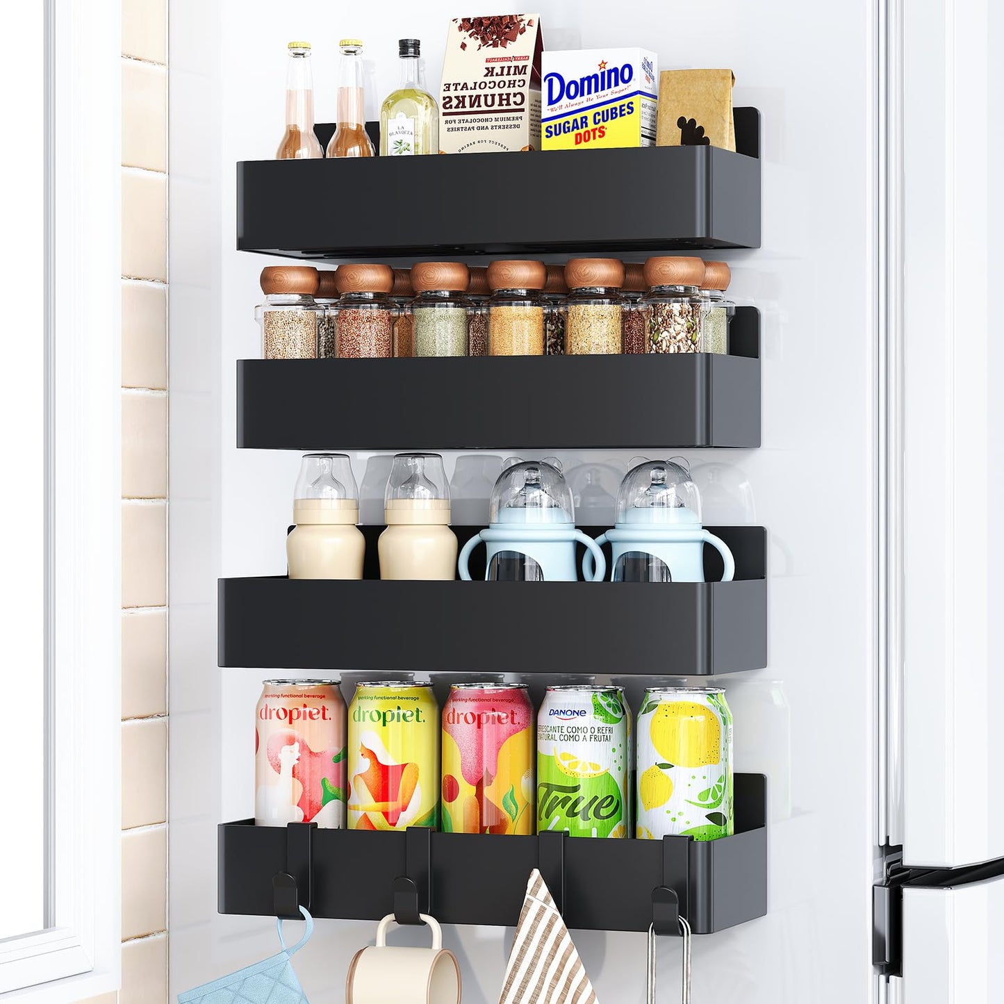 Mystozer Magnetic Spice Rack for Refrigerator, Kitchen Organizer and Storage Shelf, Black (4 Pack)…