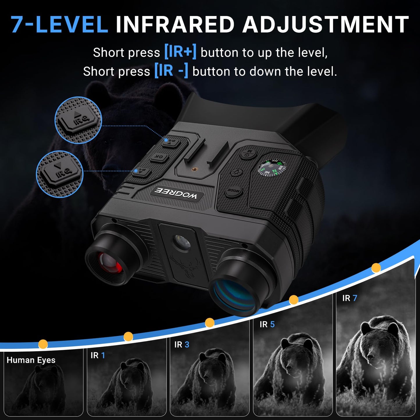 WOGREE Night Vision Goggles, 4K Night Vision Binoculars for Adults, 36MP Photo, 5000mAh Rechargeable Battery, 1300FT Range, 8X Digital Zoom, Infrared Vision, 32GB SD, Flashlight & Compass for Camping
