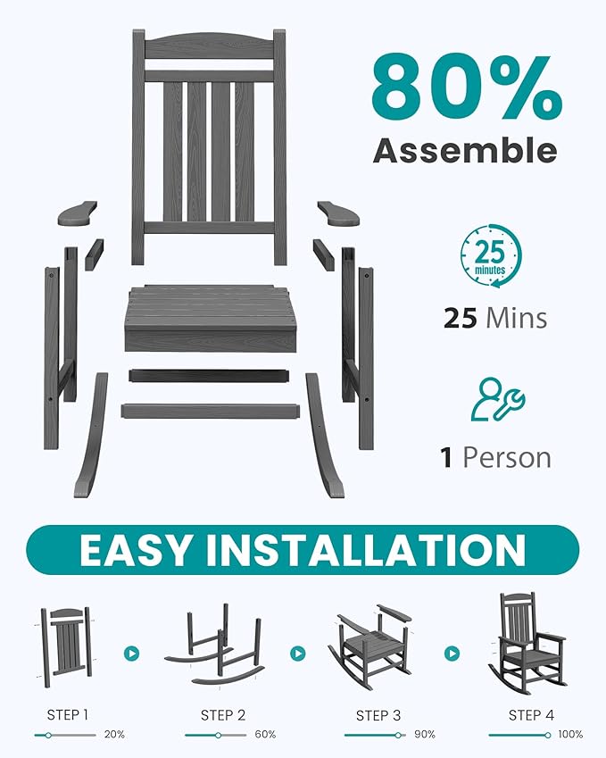 SERWALL Outdoor Rocking Chair Set of 4, HDPE Patio Rocking Chair, All-Weather Porch Rocker for Balcony, Yard, Dark Gray
