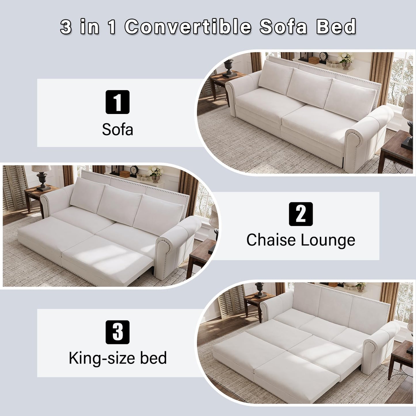 KEIKI 94" Chesterfield 3-in-1 Pull Out Sofa Bed, King Convertible Velvet Sofa with Rolled Arms & Nailhead Trim, 3-Seater Sofa Bed for Living Room, Bedroom or Office, Beige White