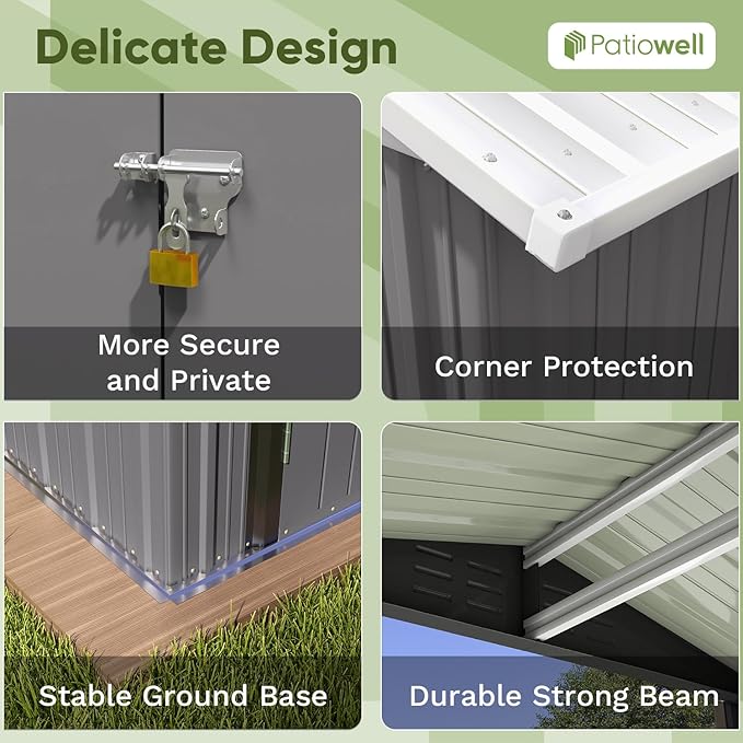 Patiowell 6x4 FT Outdoor Storage Shed, Water-Resistance Metal Outdoor Sheds with Vents & Lock, Garden Shed of Galvanized Steel for Lawn, Patio, Backyard Garden Tools, Bikes, Gray