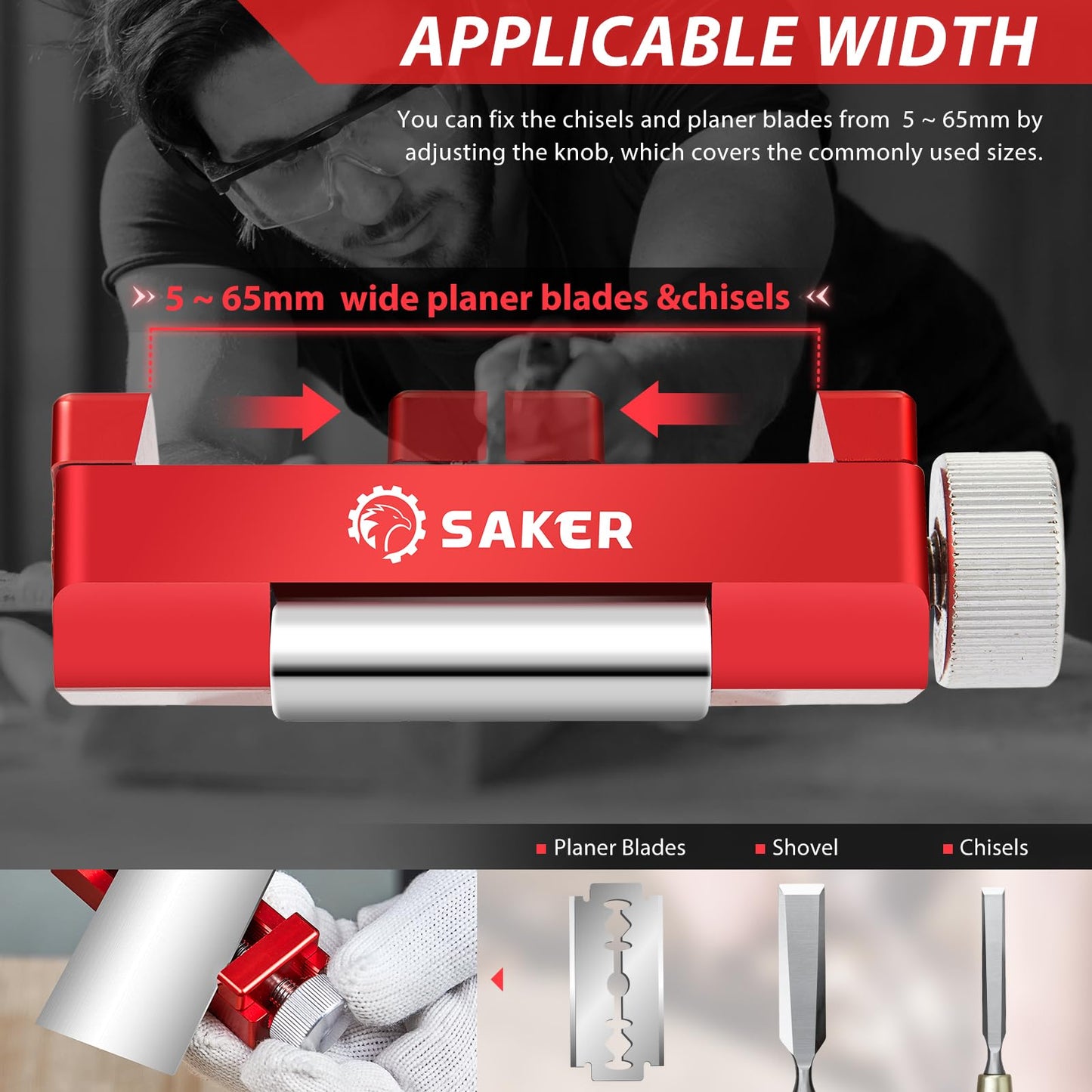 Saker Honing Guide with Whetstone - Red Off-Center Upgraded Honing Tool and Diamond Sharpening Stone Set Kit for Kitchen Knife, Short Chisels and Planes, Fine/Coarse Plate, 400/1000/Grit