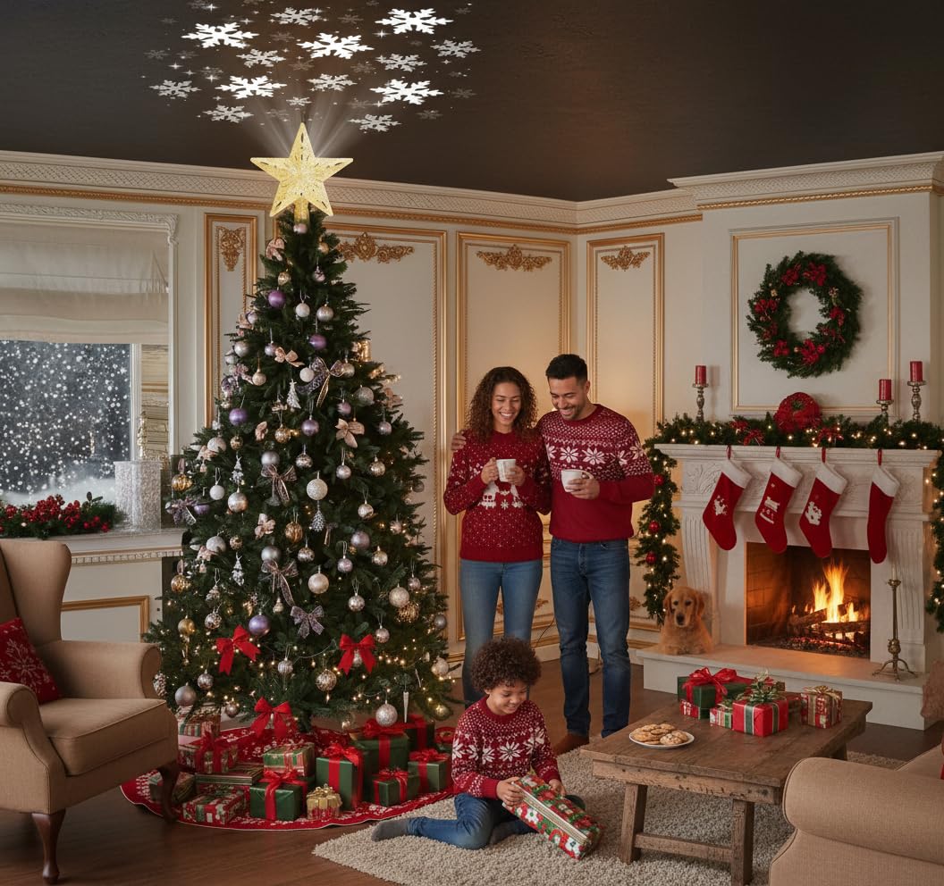 Christmas Tree Topper Lighted with Golden Snowflake Projector, 3D Holographic Rotating LED Magic Light, Christmas Tree Star Topper for Christmas Tree Decorations