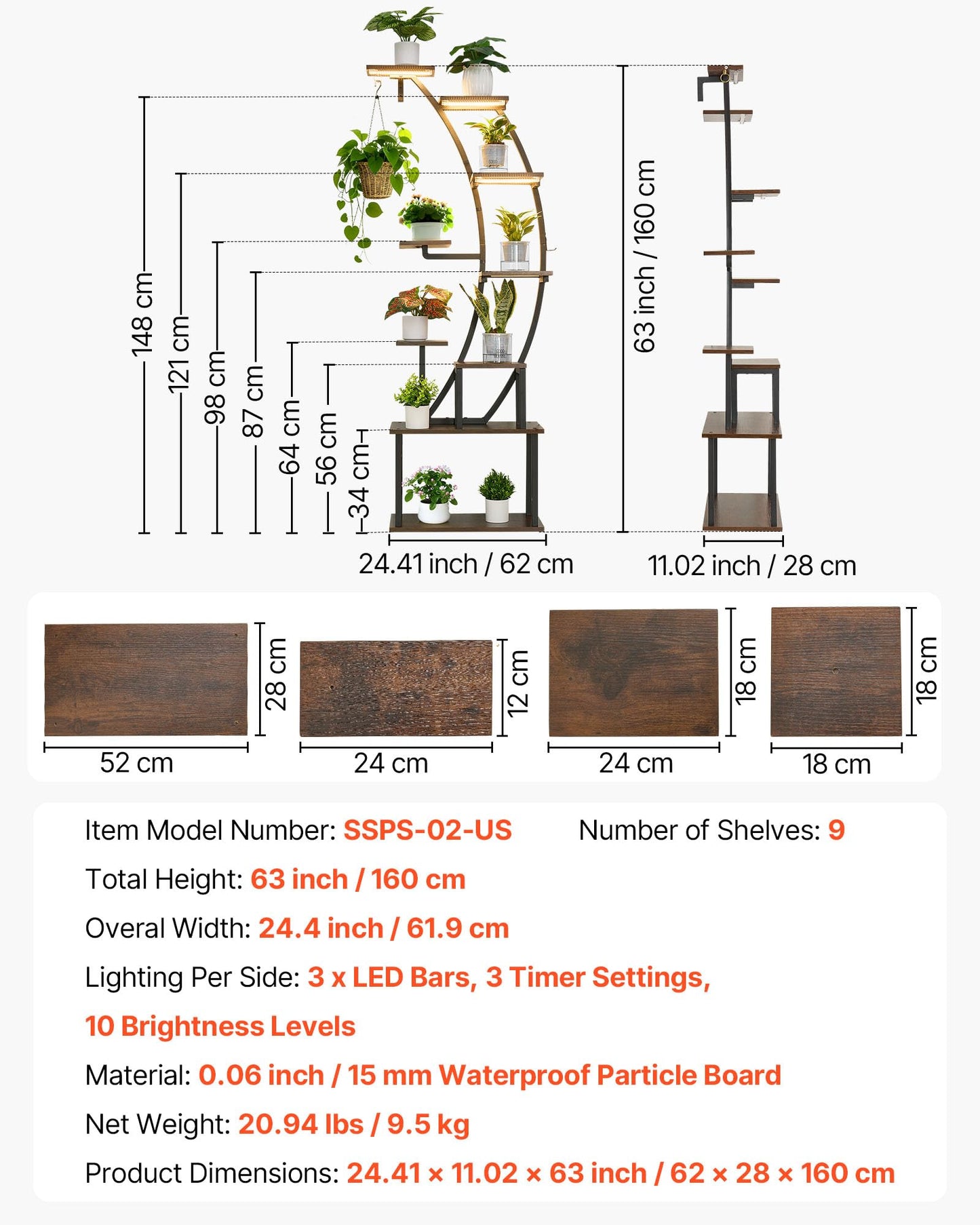 VEVOR Plant Stand Indoor with Grow Lights, 63 in Tall 9-Tier Lighted Plant Shelf, Metal Corner Plants Holder, 3 Timer & 10 Brightness, Curve-Shaped Flower Display Rack for Living Room Balcony Decor