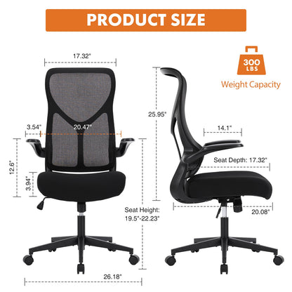 Sweetcrispy Ergonomic Office Desk Computer Chair, Comfy High Back Swivel Rolling Home Mesh Gaming Chairs with Wheels, Lumbar Support, Flip-up Arms,120°tilt for Bedroom, Study, Work, Black