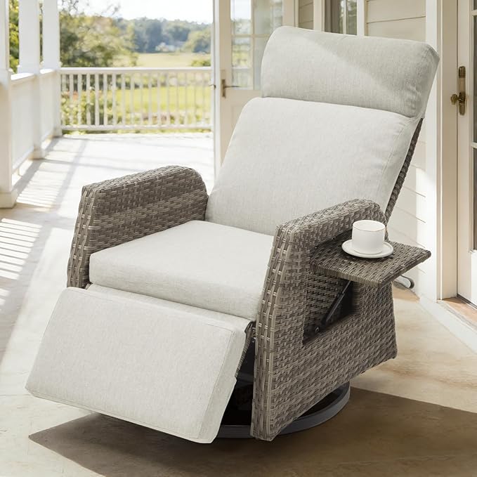 Adjustable Outdoor Recliner Chair with Independent Backrest & Footrest, Patio Swivel Recliner Chair, Wicker Reclining Patio Chair w/Flip-Up Table, Air Pump 155° Lay Flat Chaise Lounge, Gray